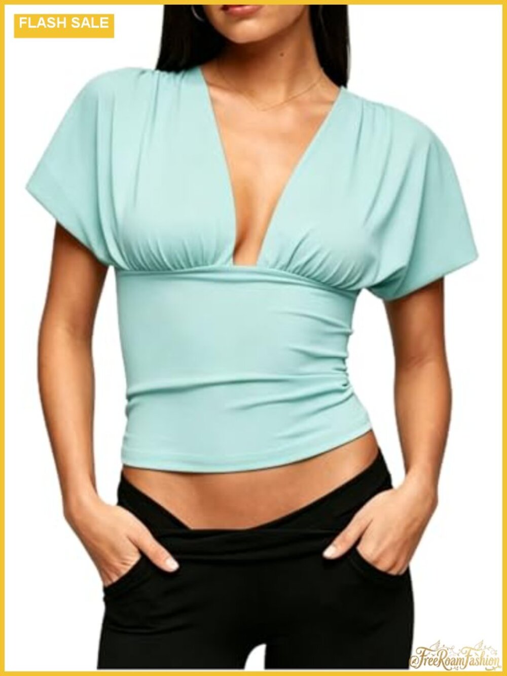 Women's Deep V Neck Plunge Batwing Wrap Crop Top - Ruched Going Out Tee